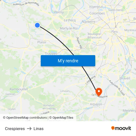 Crespieres to Linas map