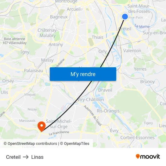 Creteil to Linas map