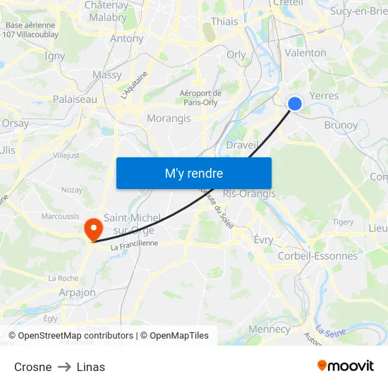 Crosne to Linas map