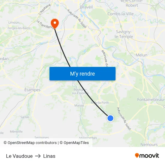 Le Vaudoue to Linas map