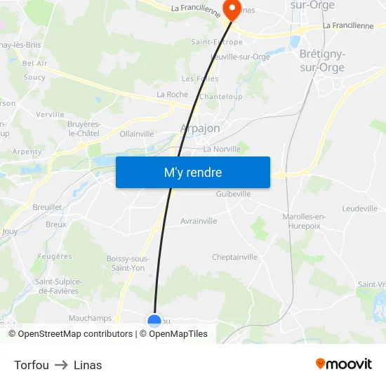 Torfou to Linas map