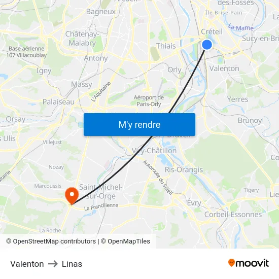 Valenton to Linas map