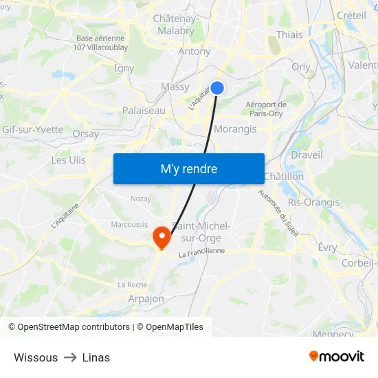 Wissous to Linas map