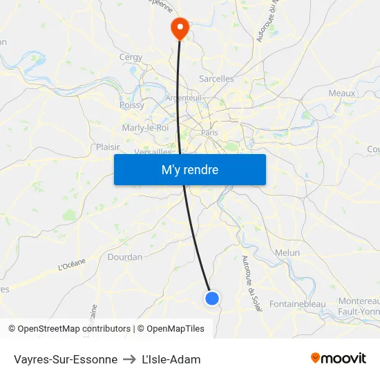 Vayres-Sur-Essonne to L'Isle-Adam map