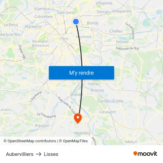 Aubervilliers to Lisses map