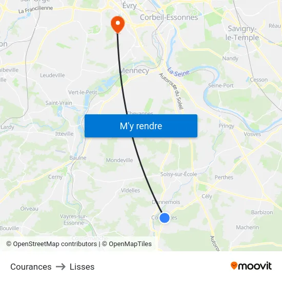 Courances to Lisses map