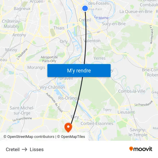 Creteil to Lisses map
