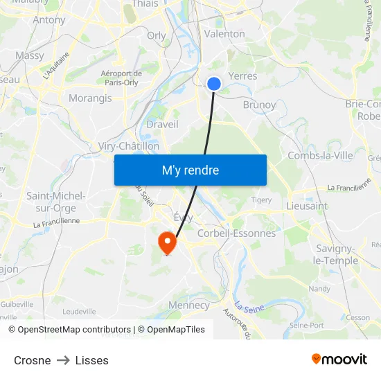 Crosne to Lisses map