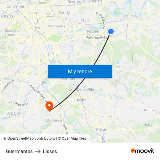 Guermantes to Lisses map