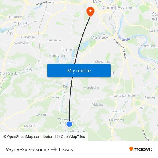 Vayres-Sur-Essonne to Lisses map