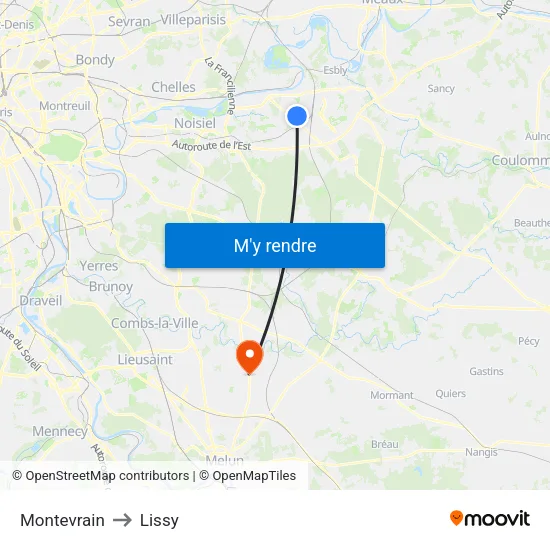 Montevrain to Lissy map