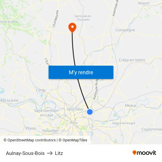 Aulnay-Sous-Bois to Litz map