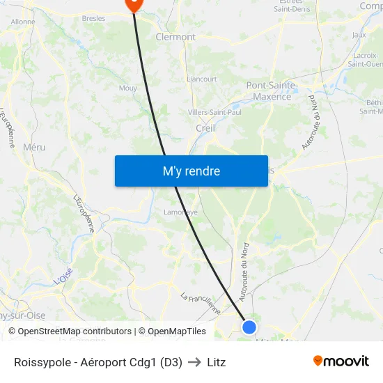 Roissypole - Aéroport Cdg1 (D3) to Litz map