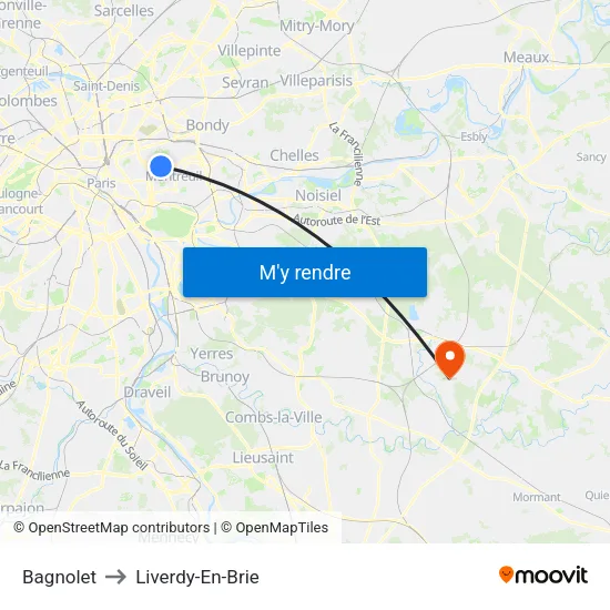 Bagnolet to Liverdy-En-Brie map