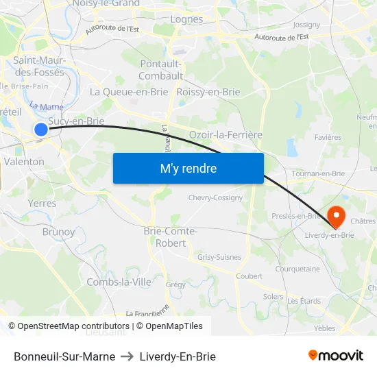 Bonneuil-Sur-Marne to Liverdy-En-Brie map
