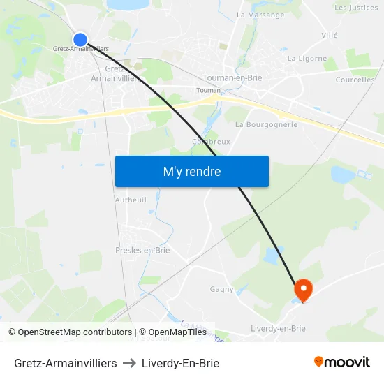 Gretz-Armainvilliers to Liverdy-En-Brie map