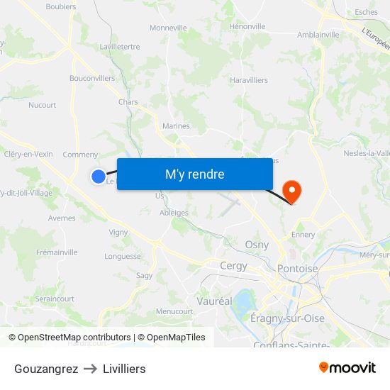 Gouzangrez to Livilliers map