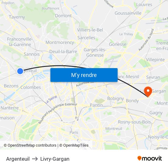 Argenteuil to Livry-Gargan map