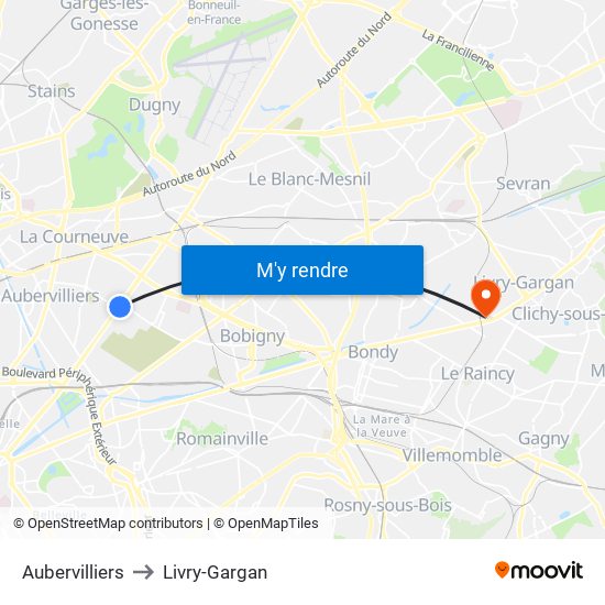 Aubervilliers to Livry-Gargan map