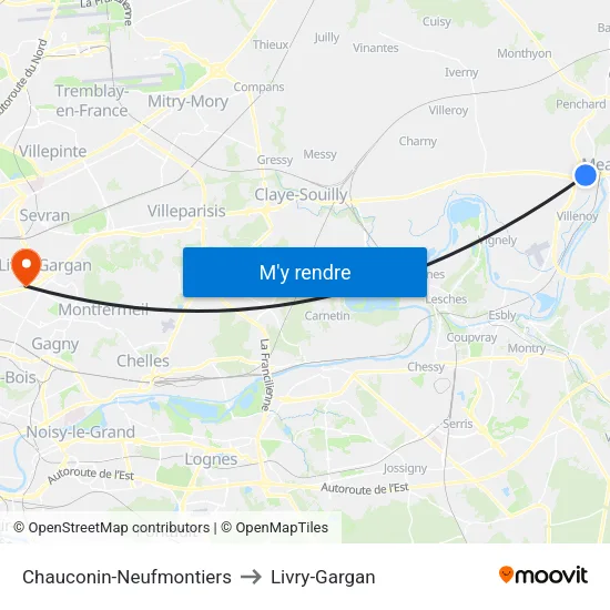 Chauconin-Neufmontiers to Livry-Gargan map