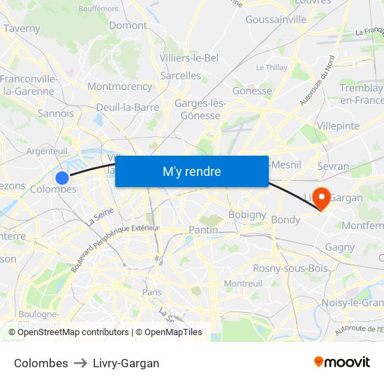 Colombes to Livry-Gargan map