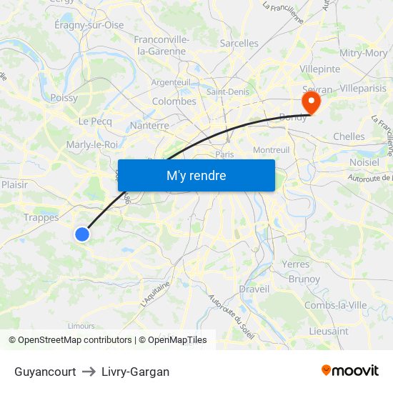 Guyancourt to Livry-Gargan map