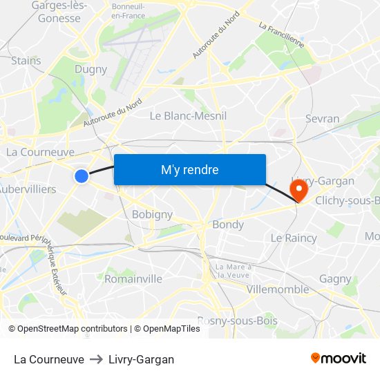 La Courneuve to Livry-Gargan map