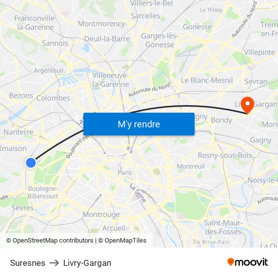 Suresnes to Livry-Gargan map