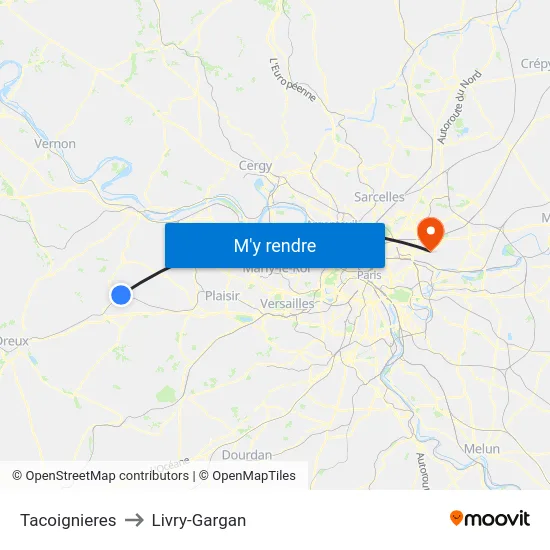 Tacoignieres to Livry-Gargan map