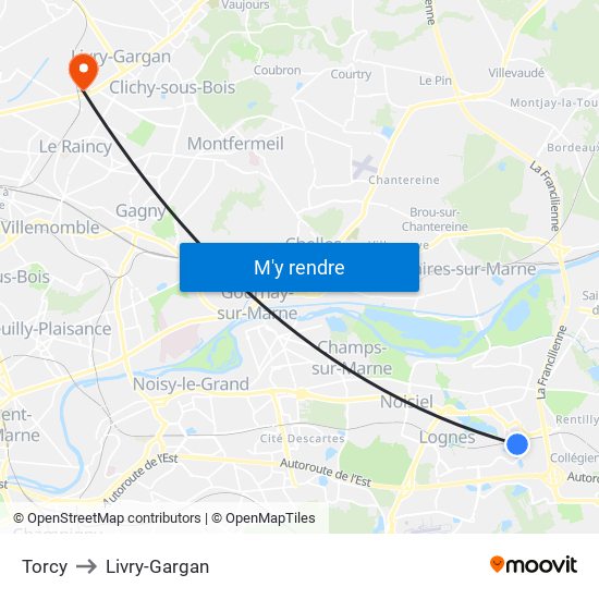 Torcy to Livry-Gargan map