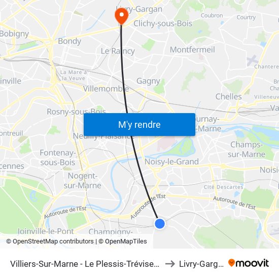 Villiers-Sur-Marne - Le Plessis-Trévise RER to Livry-Gargan map