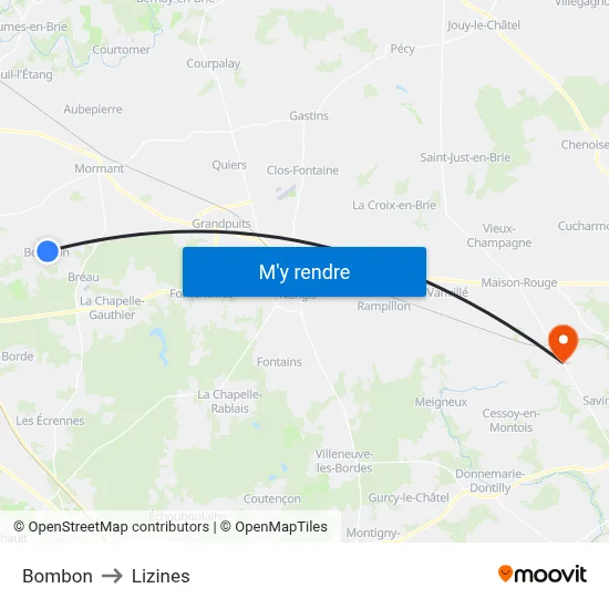 Bombon to Lizines map