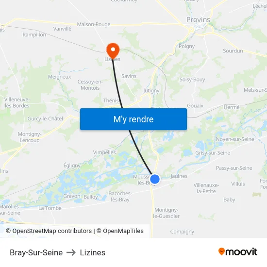 Bray-Sur-Seine to Lizines map