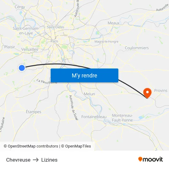 Chevreuse to Lizines map