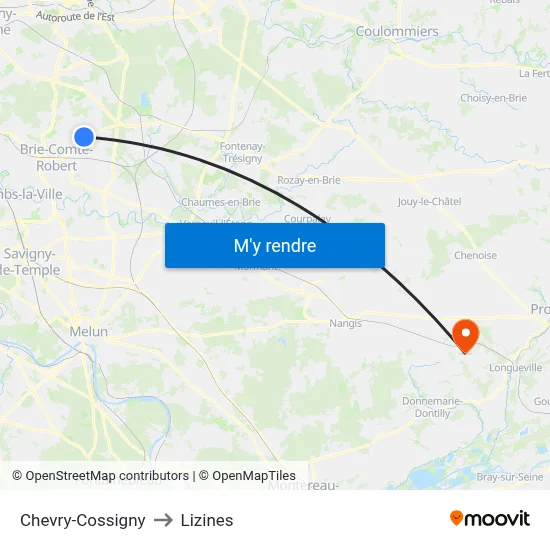 Chevry-Cossigny to Lizines map