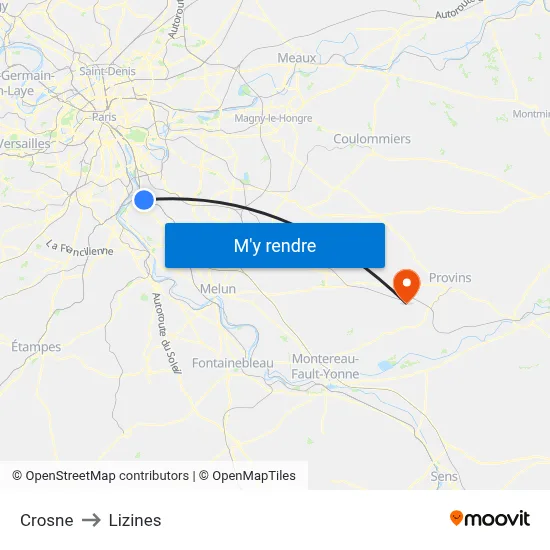 Crosne to Lizines map