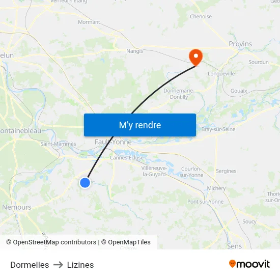 Dormelles to Lizines map