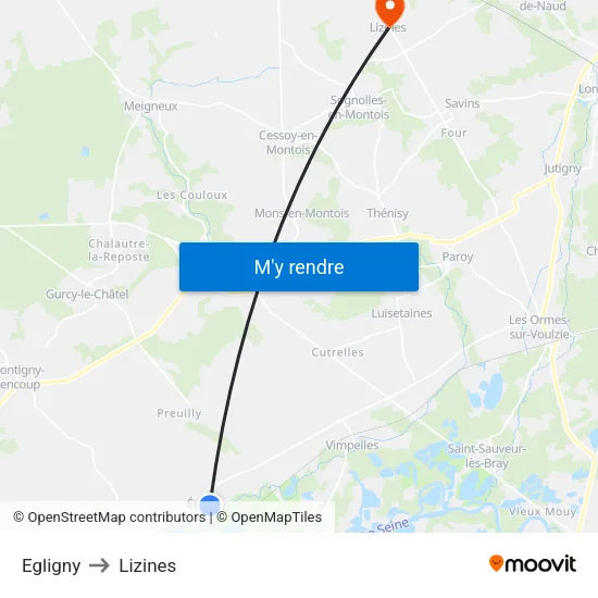 Egligny to Lizines map