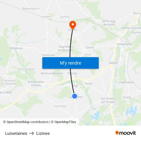 Luisetaines to Lizines map