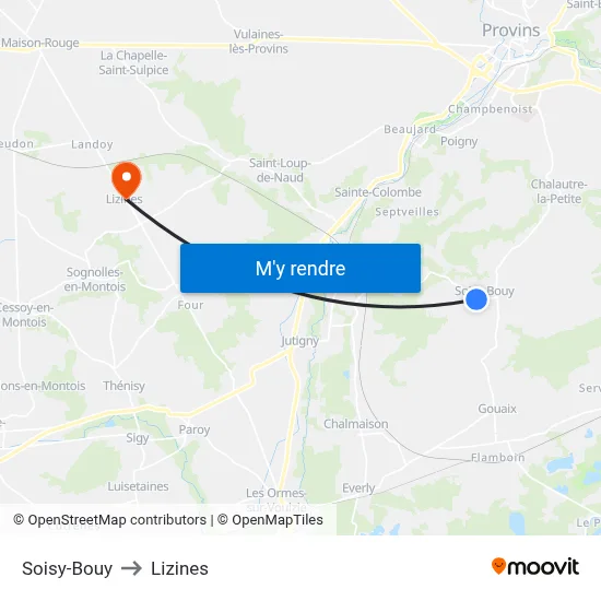 Soisy-Bouy to Lizines map