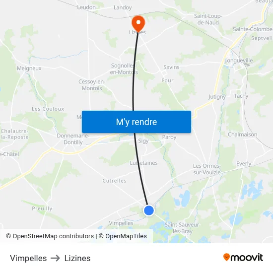 Vimpelles to Lizines map