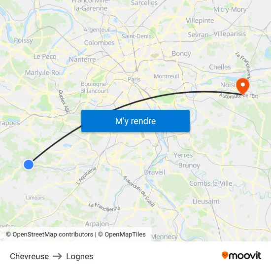 Chevreuse to Lognes map