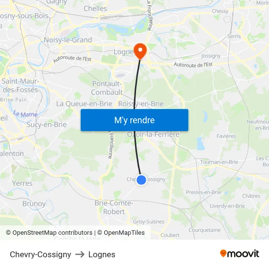 Chevry-Cossigny to Lognes map