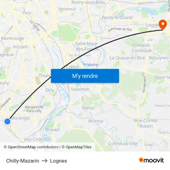 Chilly-Mazarin to Lognes map