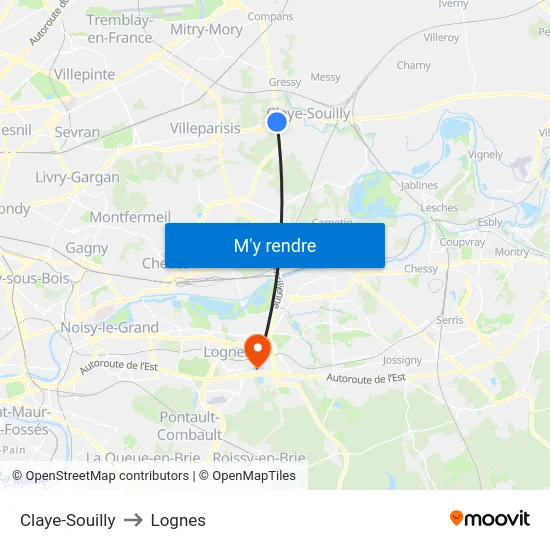 Claye-Souilly to Lognes map