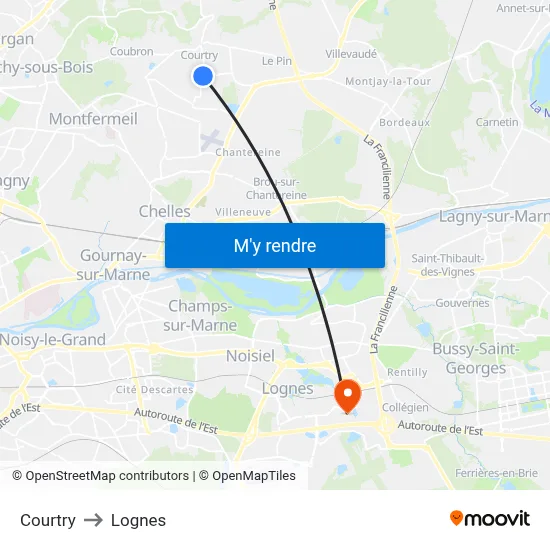 Courtry to Lognes map
