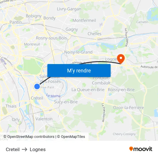 Creteil to Lognes map