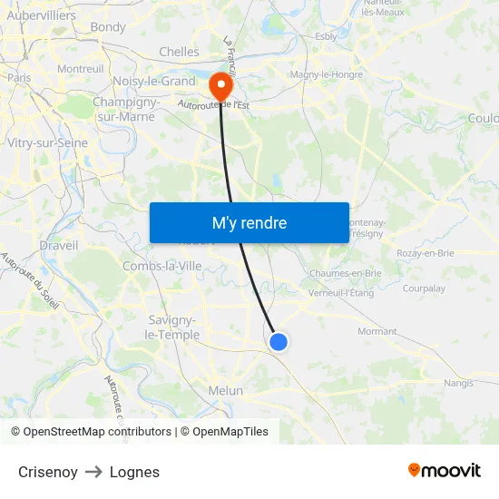 Crisenoy to Lognes map