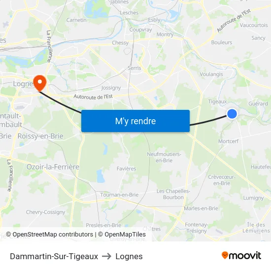 Dammartin-Sur-Tigeaux to Lognes map