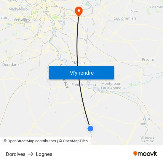 Dordives to Lognes map